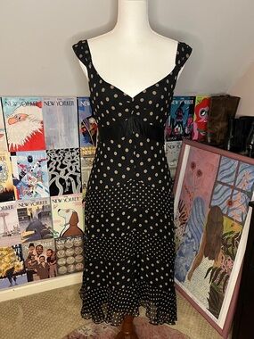 BCBGMaxAzria Black Dress with Tan Polka Dots Silk Midi Dress